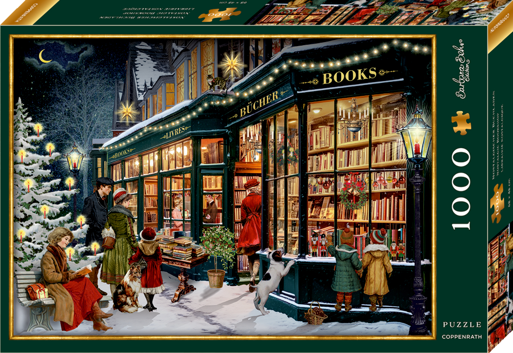 Winterliche Straßenszene mit Menschen, Hunden und beleuchtetem Buchladen bei Schnee, auf einer Puzzleverpackung mit 1000 Teilen.