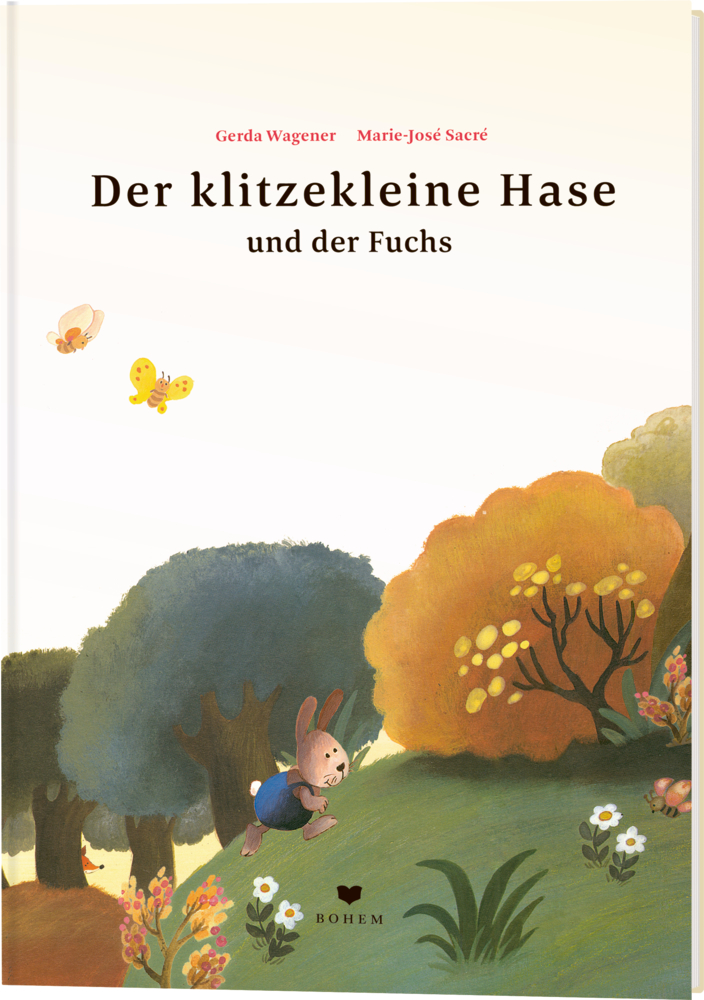 Der klitzekleine Hase und der Fuchs Ein kleines Kaninchen rennt durch eine bunte Wiese mit Blumen, einem Schmetterling und einem Fuchs hinter einem Baum.