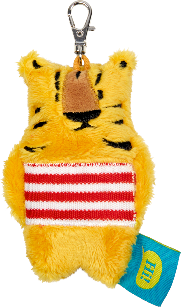 Plüschiger Tiger-Schlüsselanhänger mit schwarzen Streifen, rot-weiß gestreiftem Bauch und blauem Anhänger.
