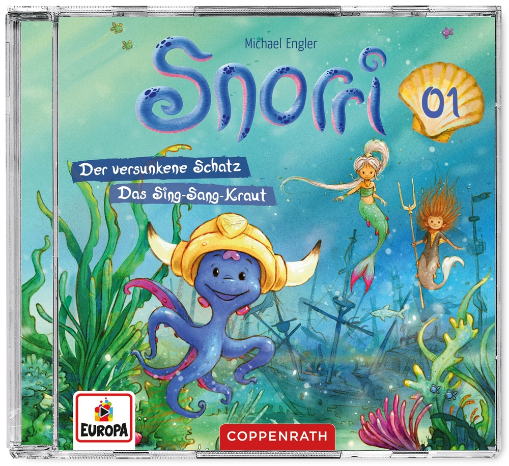 CD Hörspiel: Snorri (Bd.1) - Der versunkene Schatz & Das Sing-Sang-Kraut Buntes CD-Cover: lächelnder lila Oktopus in einem Muschelhelm mit Unterwasser-Meeresbewohnern im Hintergrund.