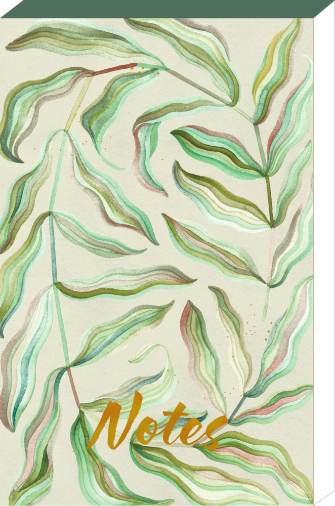 Notizbuchumschlag mit grünen Aquarellblättern und „Notes“ in goldener Schrift unten.