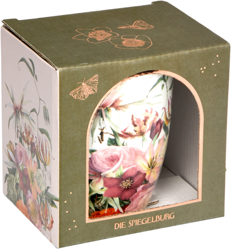 Eine Tasse mit Blumenmuster in einer dekorativen grünen Schachtel mit der Aufschrift „DIE SPIEGELBURG“ auf der Vorderseite.