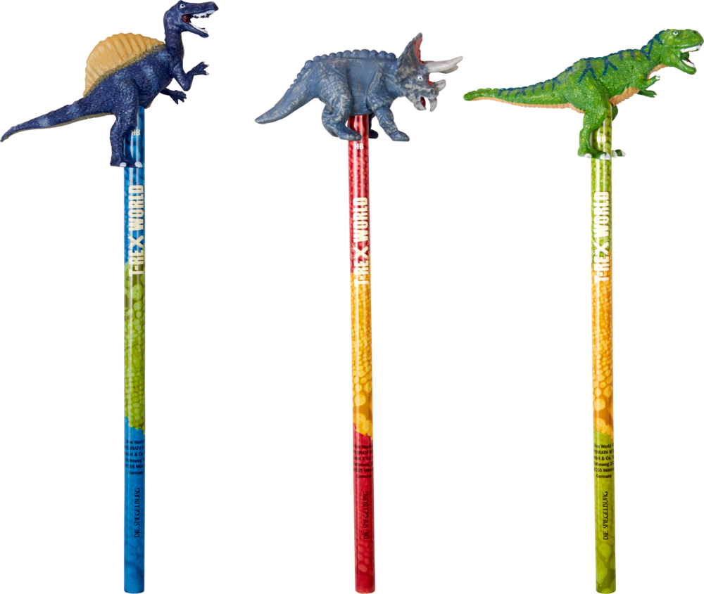Topper-Bleistift T-Rex World Drei bunte Bleistifte mit Spinosaurus-, Triceratops- und T. Rex-Dinosaurierfiguren an der Spitze.