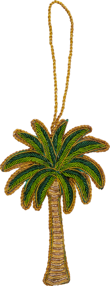 Palmbaum-Anhänger aus gold- und grünfarbenem Stickgarn mit goldener Aufhängeschlaufe.