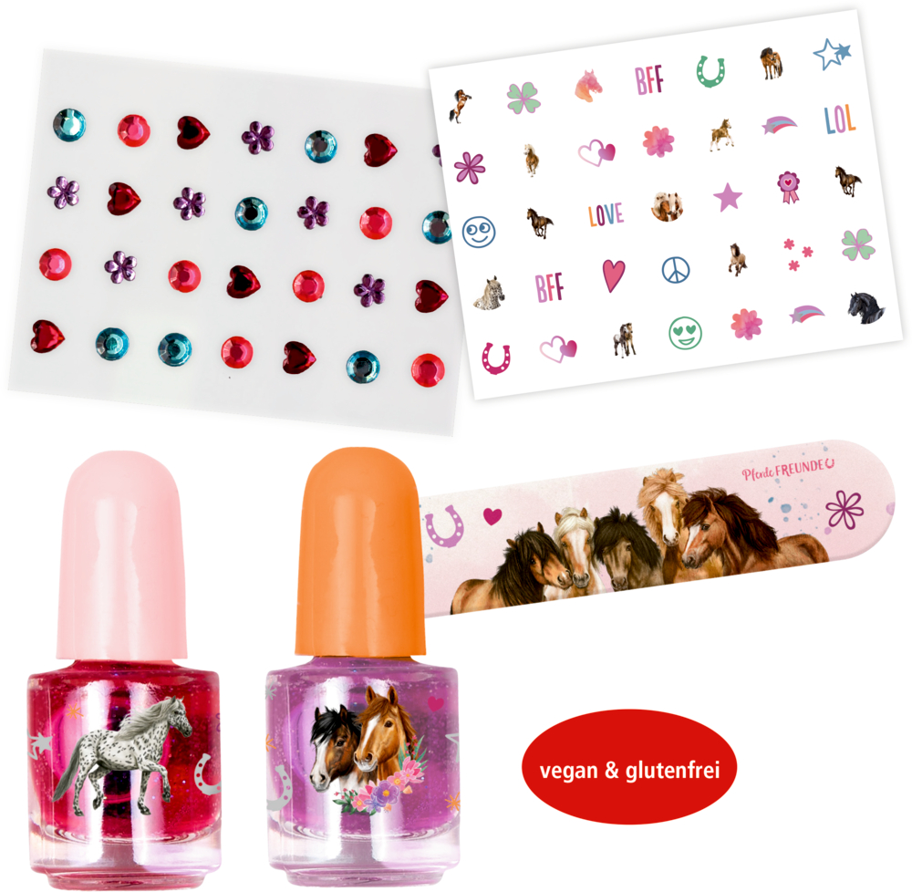 Nagelsticker mit Pferdemotiven, 2 Lacke, Pferdenagelfeile; alles vegan und glutenfrei.