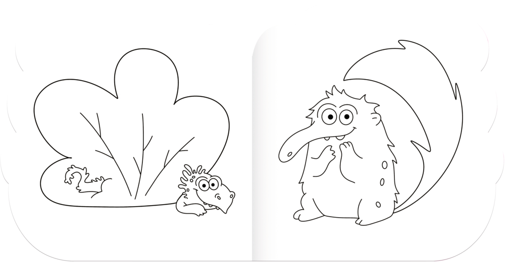 Zwei lächelnde Cartoon-Tiere, einer sitzt, einer versteckt sich hinter einem Busch, in einem Ausmalbuch.