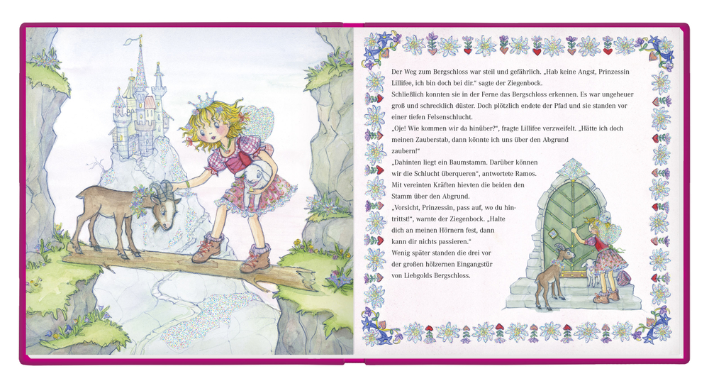 Lillifee im Kleid streichelt eine Ziege vor einem Schloss, umgeben von Text und Blumenrändern.