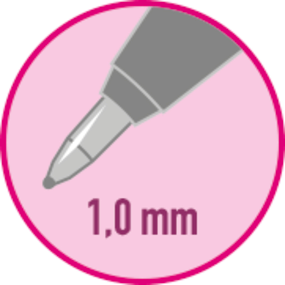 Abbildung einer Stiftspitze mit der Aufschrift „1,0 mm“ in einem rosa Kreis auf hellrosa Hintergrund.