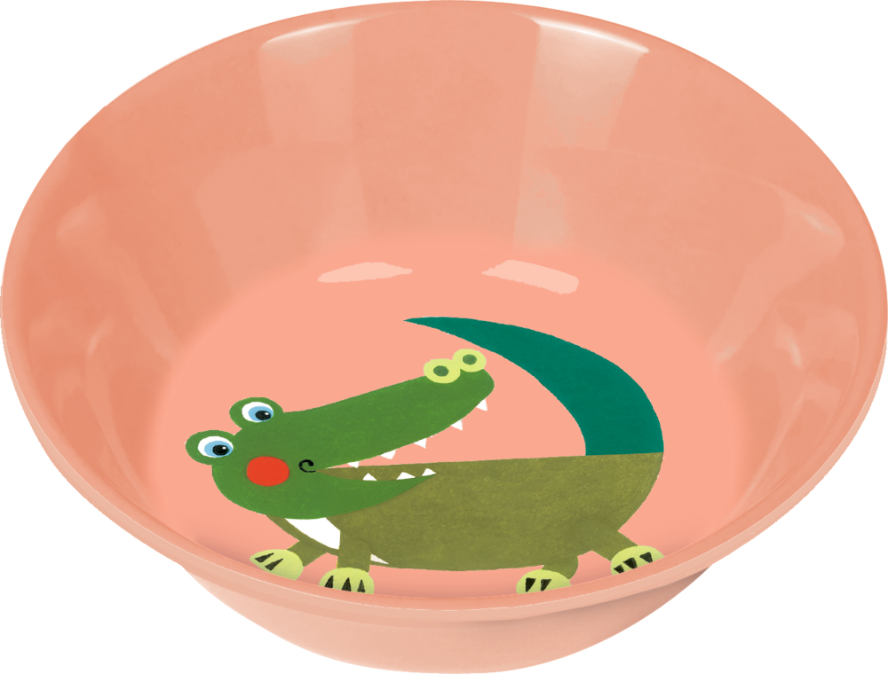Schale Krokodil - Freche Rasselbande Pfirsichfarbene Schale mit einer Cartoon-Illustration eines grünen Krokodils am Boden.