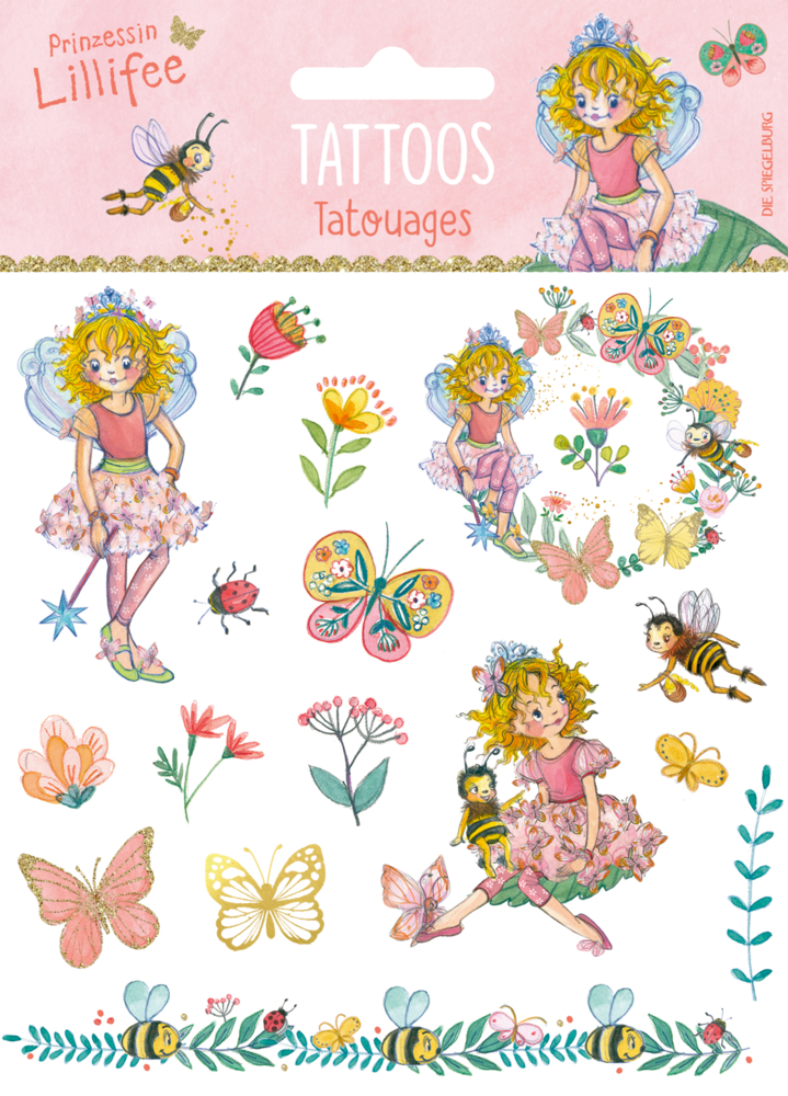 Bunte temporäre Tattoos mit Feenmotiven, Blumen, Schmetterlingen, einem Feenmädchen und Bienen auf weißem Hintergrund.