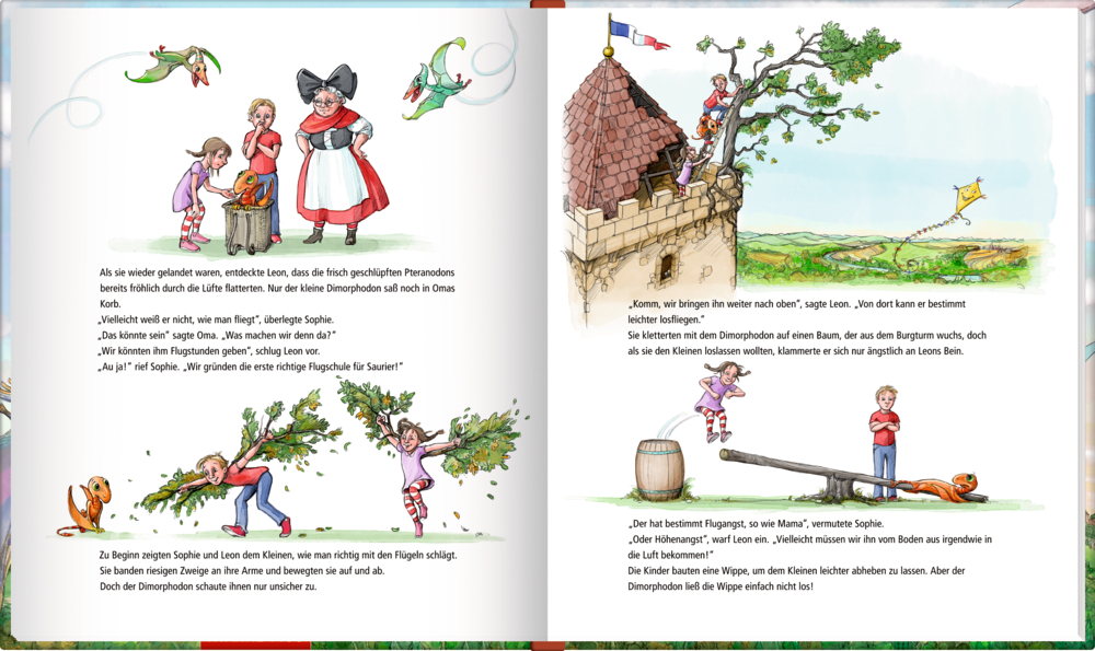 Kinder und eine Frau spielen und fantasieren gemeinsam im Freien.