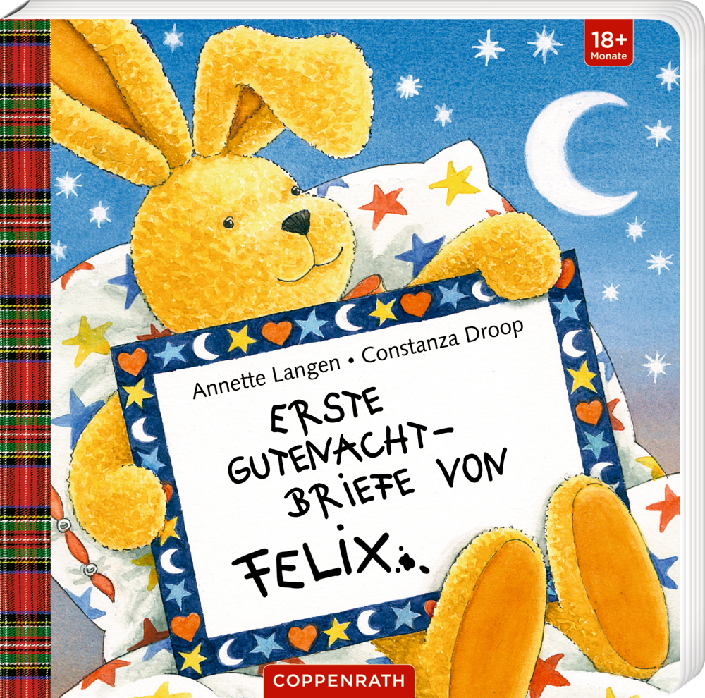 Erste Gutenacht-Briefe von Felix (Pappbilderbuch) Auf dem Cover hält ein gelber Plüschhase ein Schild mit der Aufschrift „Erste Gutenachtbriefe von Felix“ und sitzt auf einem Sternenbett.