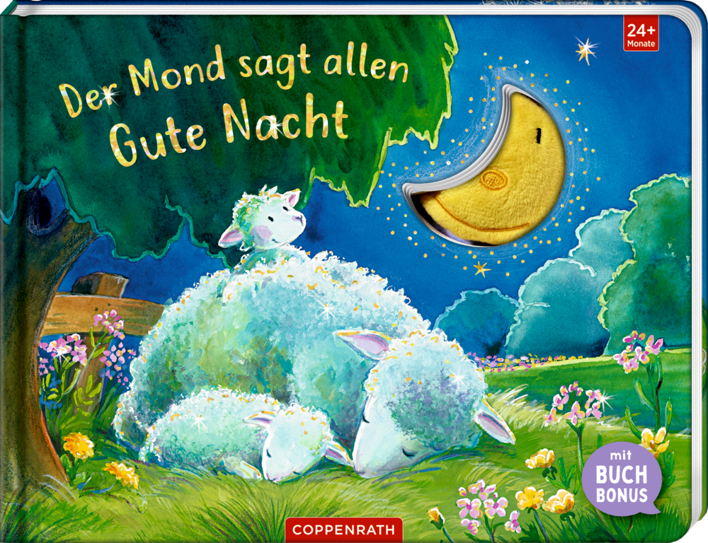 Der Mond sagt allen Gute Nacht (Buchbonus) Schafe schlafen nachts unter einem Baum, unter einer lächelnden Mondsichel, abgebildet auf dem Cover von "Der Mond sagt allen Gute Nacht".