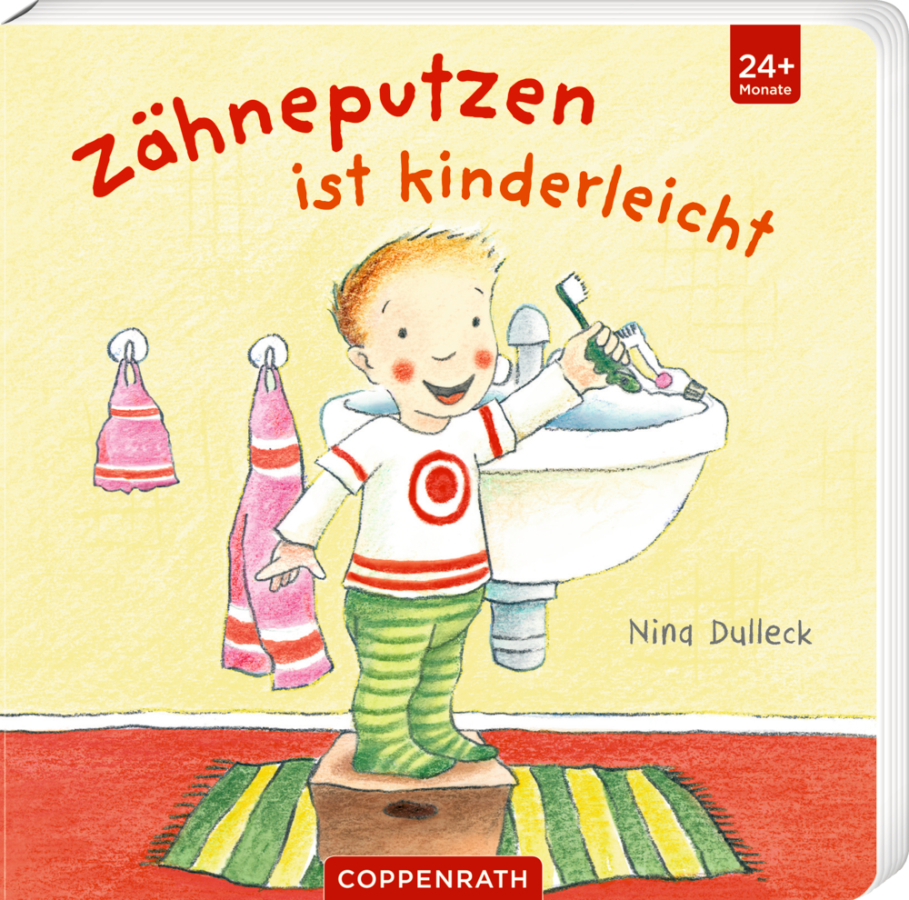 Zähneputzen ist kinderleicht Auf dem Cover eines  Kinderbuchs mit dem Titel "Zähneputzen ist kinderleicht" putzt ein lächelndes Kind sich auf einem Hocker am Waschbecken die Zähne, im Hintergrund sind Handtücher zu sehen.