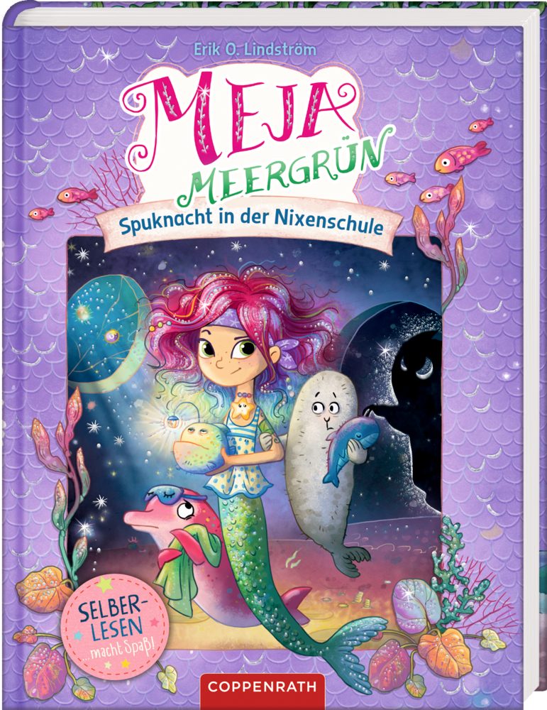 Meja Meergrün (Leseanfänger, Band 4) Farbenfrohes Cover von "Meja Meergrün - Spuknacht in der Nixenschule" mit Meerjungfrauenmädchen und Meerestiere in einer Unterwasserszene.