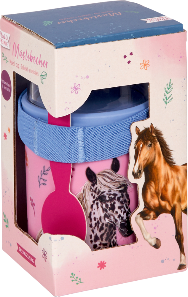 Rosa Müslibecher mit Pferdemotiv, in einer pastellfarbenen Box mit Pferdeillustrationen.