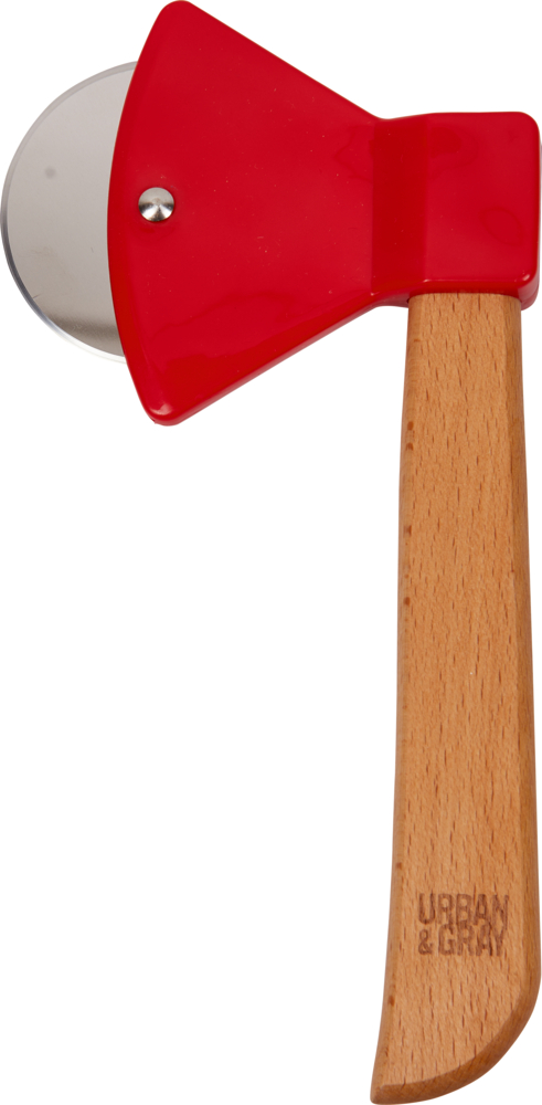 Pizzaschneider in Form einer Axt mit roter Klinge und Holzgriff.
