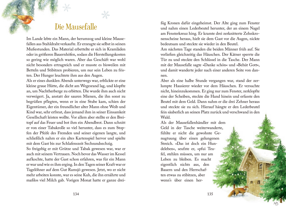 Doppelseitige Buchseite mit dem Titel „Die Mausefalle“, Fließtext in zwei Spalten, weihnachtliche Tannenzweige und ein Fuchs unten rechts.
