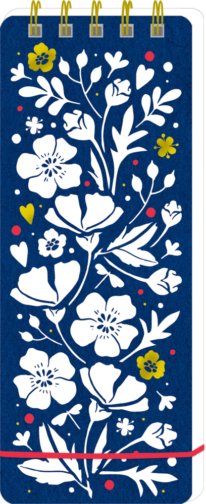 Weiße Blumenmuster mit gelben und roten Akzenten auf dunkelblauem Spiralblock.