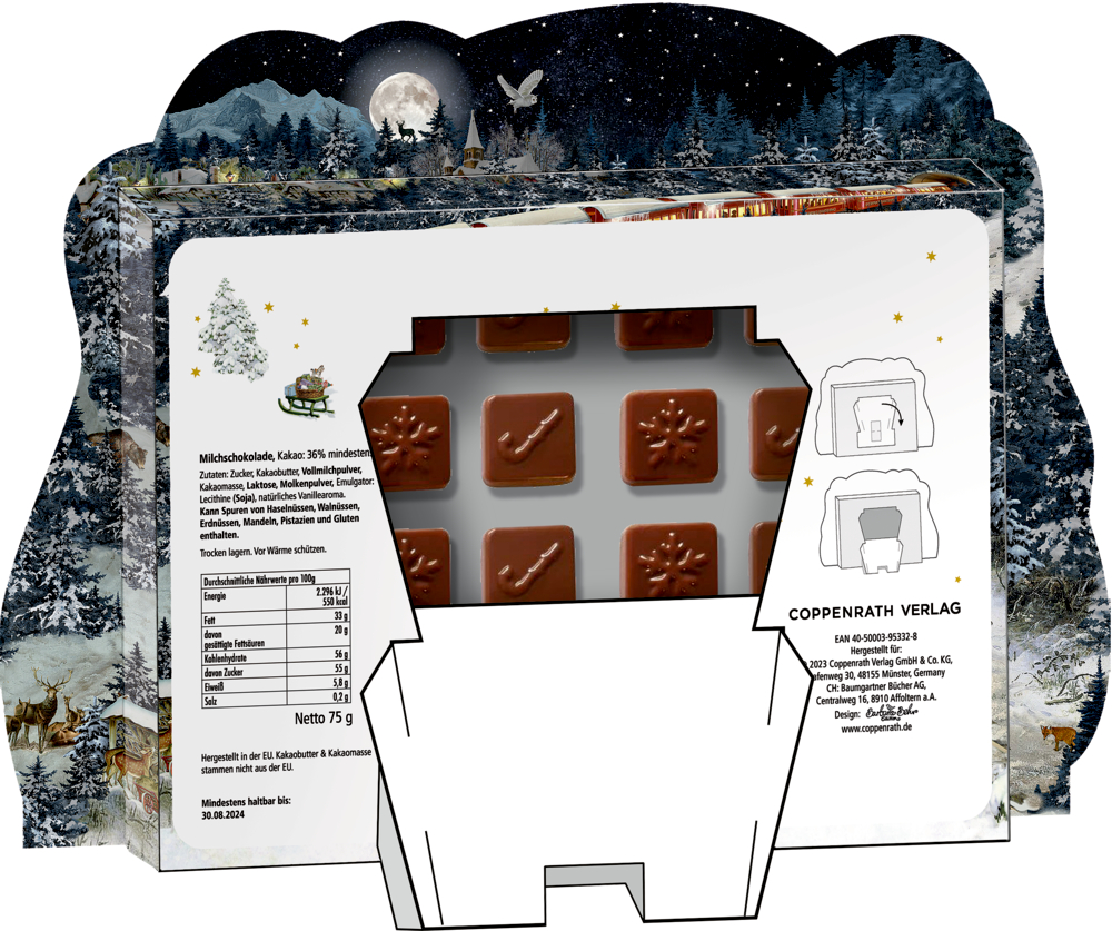 Adventskalender mit Schokolade, einem verschneiten Dorf und einem mondbeschienenen Himmel im Hintergrund.