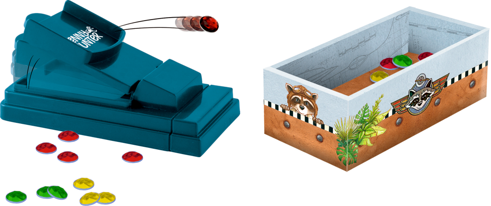 Blaues Katapulz, Zielscheibe aus Pappe mit Tiermotiven, umgeben von roten, gelben und grünen Spielsteinen.