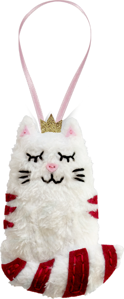 Weiße Plüschkatze mit goldener Krone, rosa Band und roten Streifen am Körper.