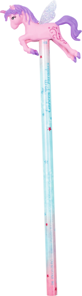 Blauer und rosa Bleistift mit einem rosa Einhorn mit Flügeln und lila Mähne und Schweif.