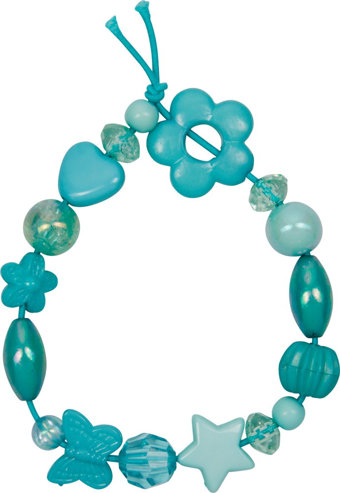 Blaues Perlenarmband in verschiedenen Formen: Blume, Herz, Stern und Schmetterling.