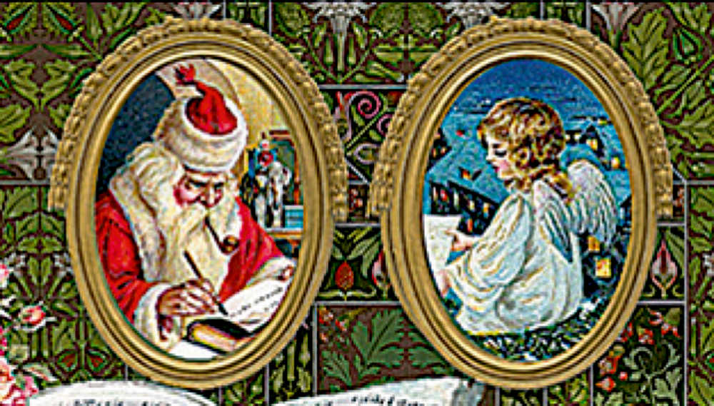 Der Weihnachtsmann und ein Engel schreiben Briefe in ovale Vintage-Rahmen auf einem gemusterten Hintergrund.