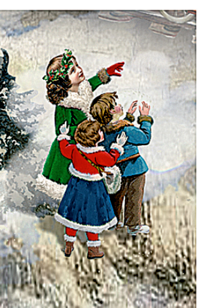 Drei Kinder in Winterkleidung stehen draußen im Schnee, zeigen auf etwas am Himmel und schauen nach oben.