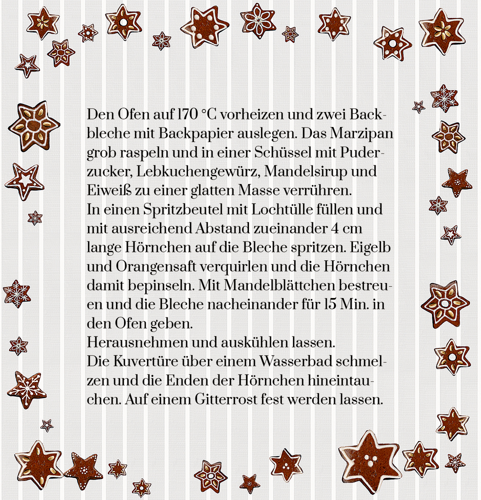 Text über das Backen von Keksen, umrahmt von illustrierten Sternkeksen auf gestreiftem Hintergrund.