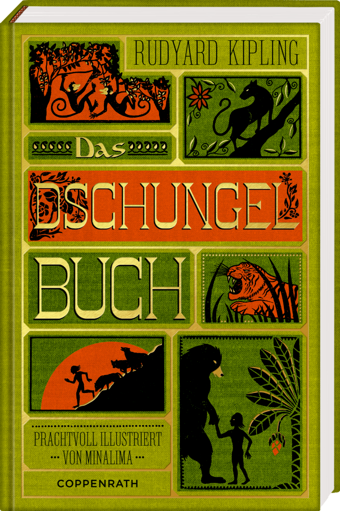 Das Dschungelbuch (MinaLima) Buchcover „Das Dschungelbuch“ mit grünen und orangefarbenen Dschungelsilhouetten und Tierillustrationen.