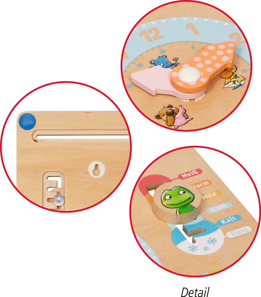 Drei Nahaufnahmen eines pädagogischen Holzspielzeugs mit Tier- und Wetterillustrationen.