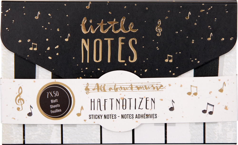 Haftnotizen little Notes - All about music Schwarz-weiße Haftnotizen mit der Aufschrift „Little Notes“ mit Musiknoten und goldenen Akzenten.