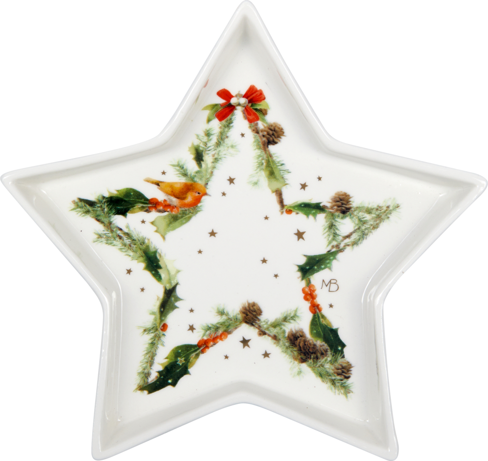 Sternförmiger Porzellanteller mit festlichem Grün, Stechpalme, roter Schleife, Vogelmotiv und verstreuten goldenen Sternen.