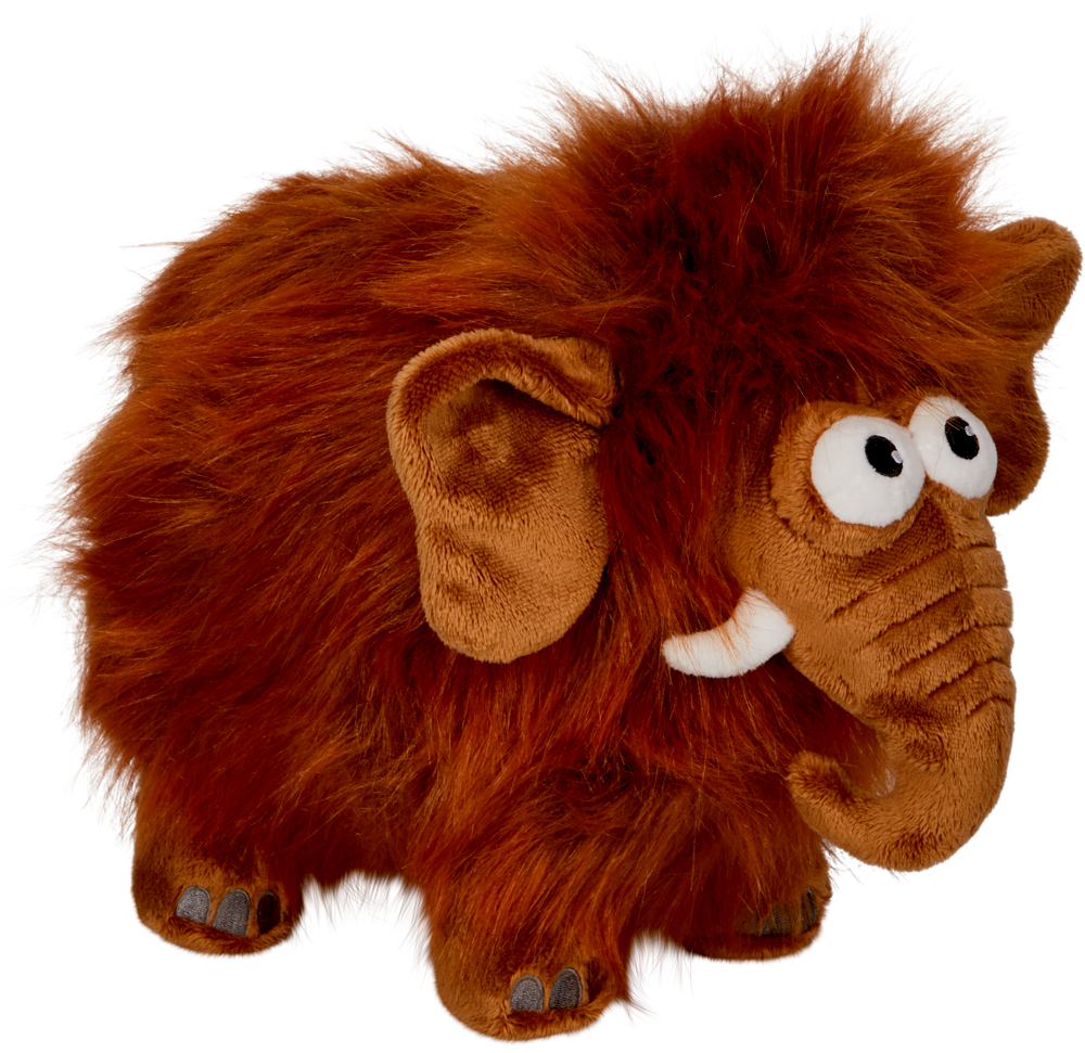 Ein flauschiges braunes Plüsch-Mammutspielzeug mit großen Augen, kleinen Stoßzähnen und großen Ohren.