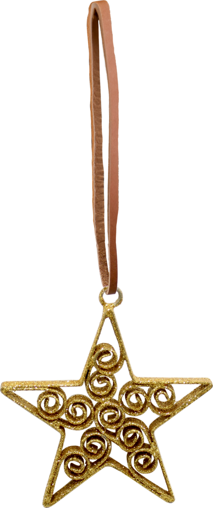 Goldener Glitzerstern mit Spiralmuster hängt an einer braunen Lederschlaufe.