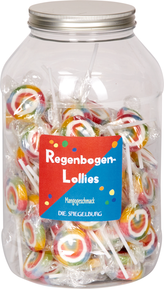 Regenbogen-Lollies - Bunte Geschenke Ein Glas mit Regenbogen-Lollis in Plastikfolie, mit der Aufschrift „Regenbogen-Lollies“.