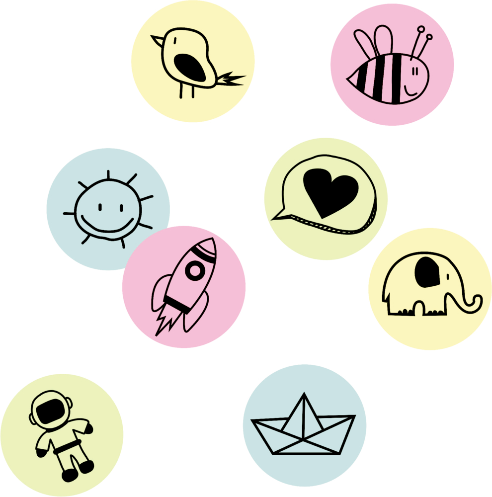 Acht runde Zungentattoos mit Symbolen: Vogel, Biene, Sonne, Rakete, Herz, Elefant, Astronaut und Papierboot.