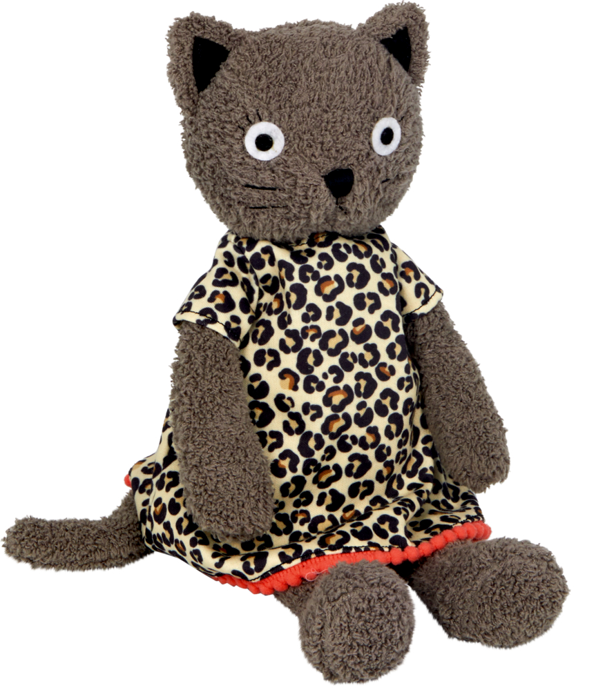 Graue Plüschkatze mit Leopardenkleid und rotem Besatz am Saun, aufrecht sitzend auf weißem Hintergrund.