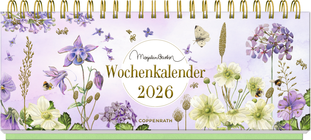 Tisch-Wochenkalender 2026 (violett) - M.Bastin Wochenkalender 2026 mit Schmetterlingen, Bienen und lilafarbenen und weißen Blumen auf pastellviolettem Hintergrund.