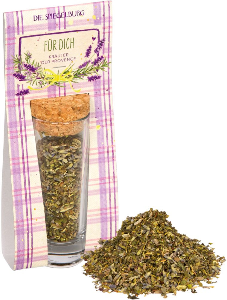 Kleines Glasröhrchen mit Kräutern und Korken steht neben getrockneten Kräutern und einer karierten Verpackung.