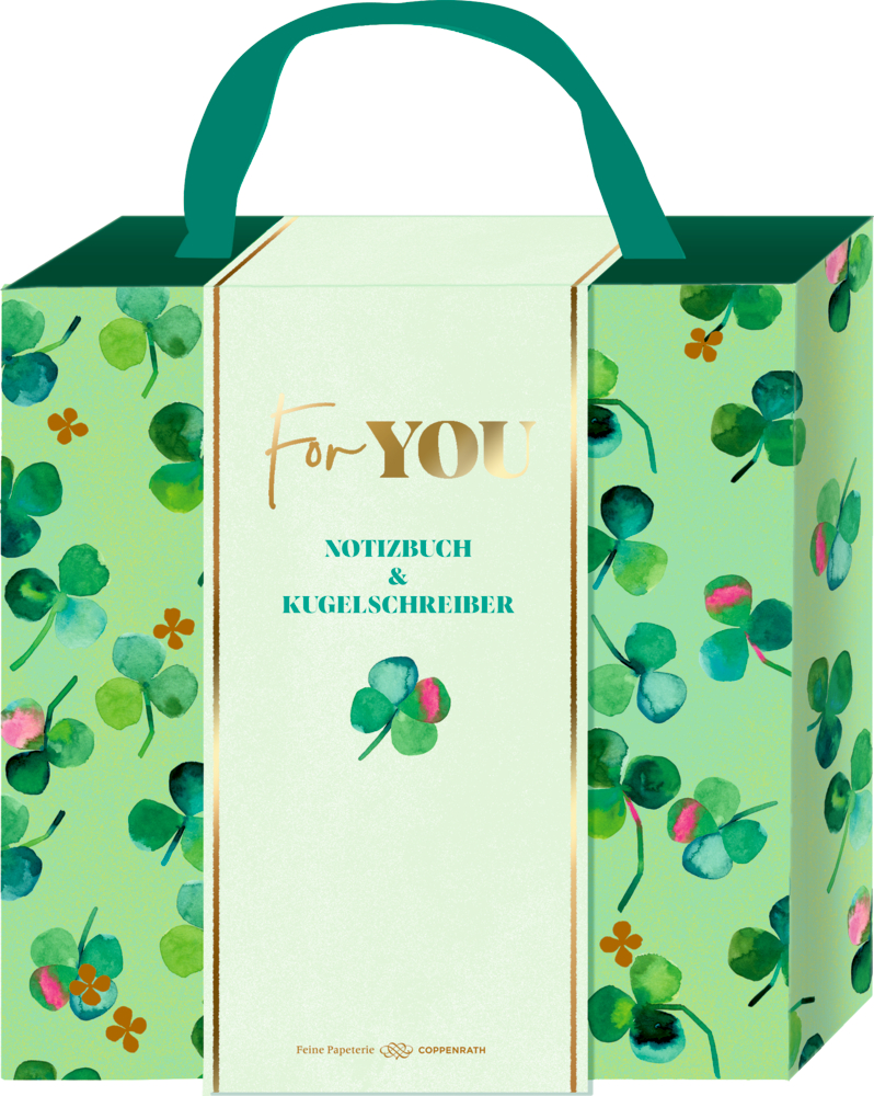 Grüne Geschenkbox mit Kleeblatt- und Blumenmuster, Aufschrift For YOU Notizbuch & Kugelschreiber.