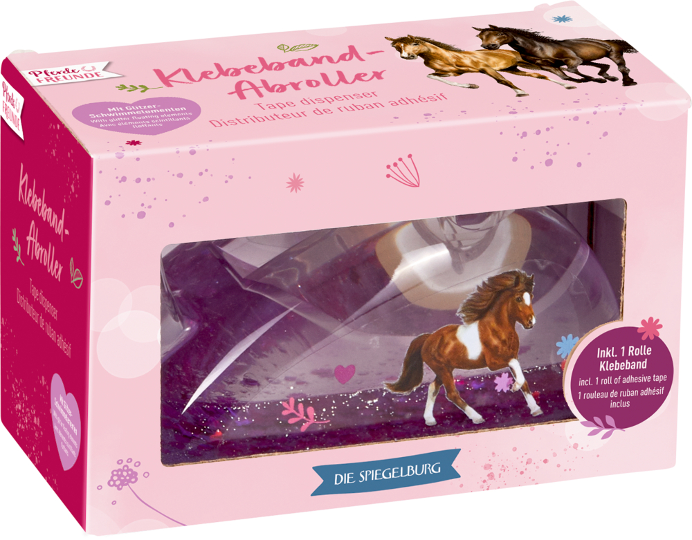 Rosafarbene Schachtel mit Klebebandspender mit Pferdemotiv, mit einem Pferdebild und deutschem Text auf der Verpackung.
