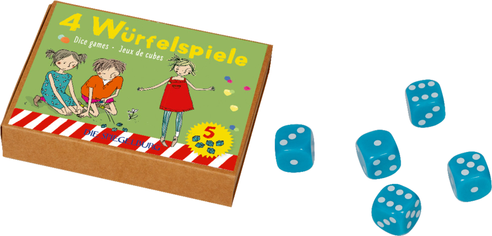 Würfelspiele - Bunte Geschenke Kleine Schachtel mit der Aufschrift "4 Würfelspiele" und Illustration spielender Kinder. Daneben 5 Würfel.