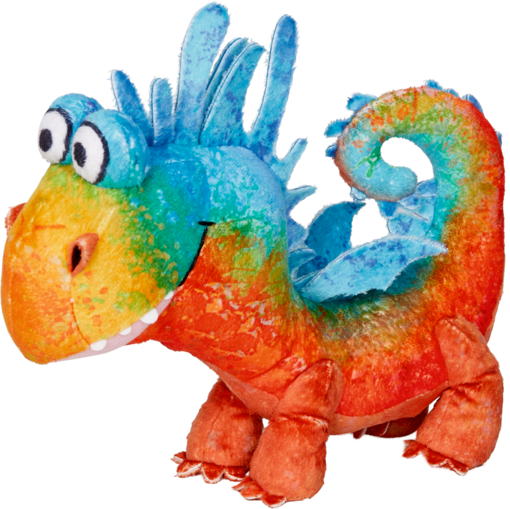 Furzipups mit Soundmodul (Plüsch) Plüschdrache mit blauen Stacheln, großen Augen und einem leuchtend orangefarbenen, gelben und grünen Körper.