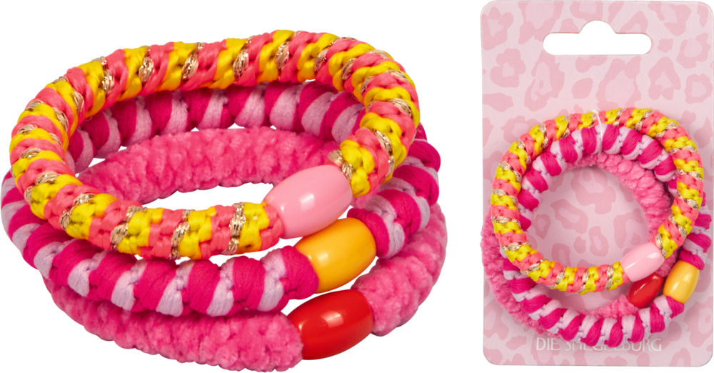 Set aus drei bunten, spiralförmigen, elastischen Haargummis in pink und gelb, lose abgebildet und auf einer rosa Displaykarte mit Leopardenprint.