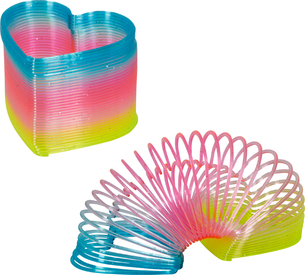 Zwei bunte Herz-Spiralen aus Plastik: eines herzförmig, das andere spiralförmig ausgestreckt.