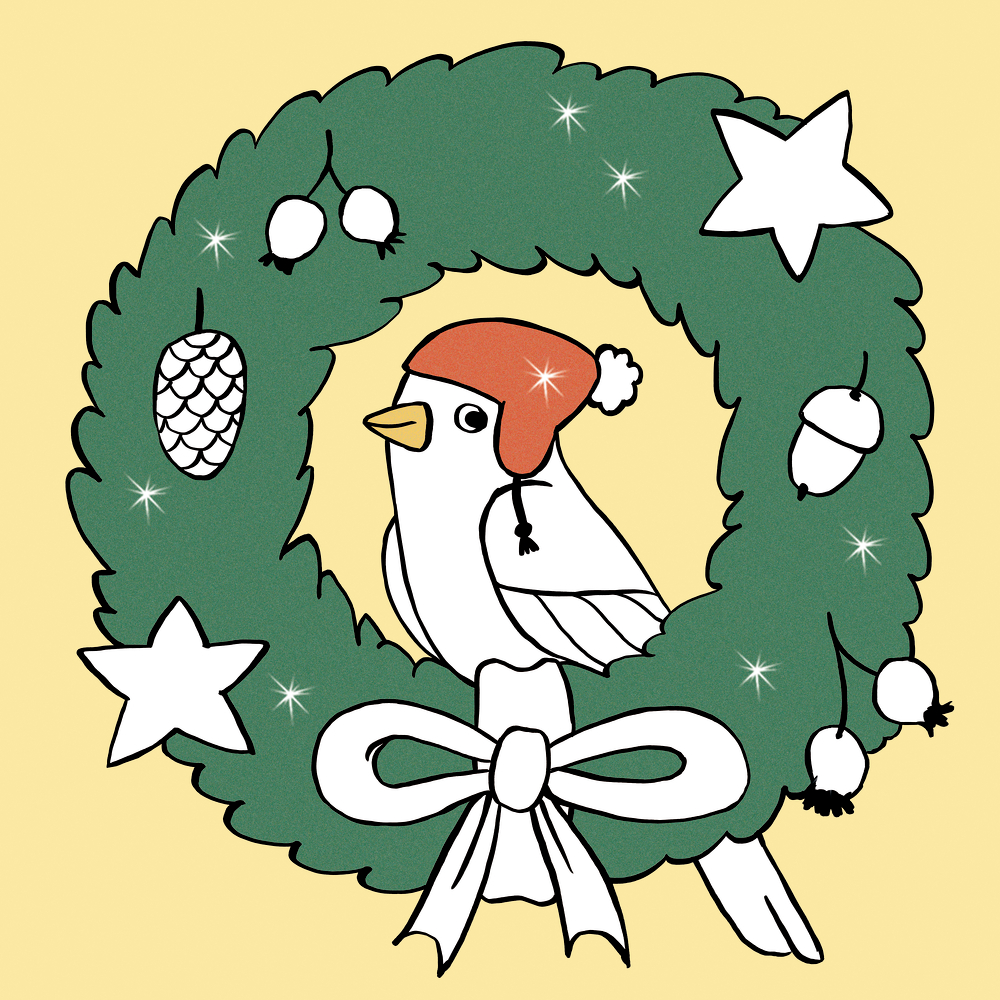 Malbuchmotiv eines Vogels mit WeihnachtsmÃ¼tze, der in einem geschmÃ¼ckten Kranz aus Sternen, Beeren und Schleife sitzt.