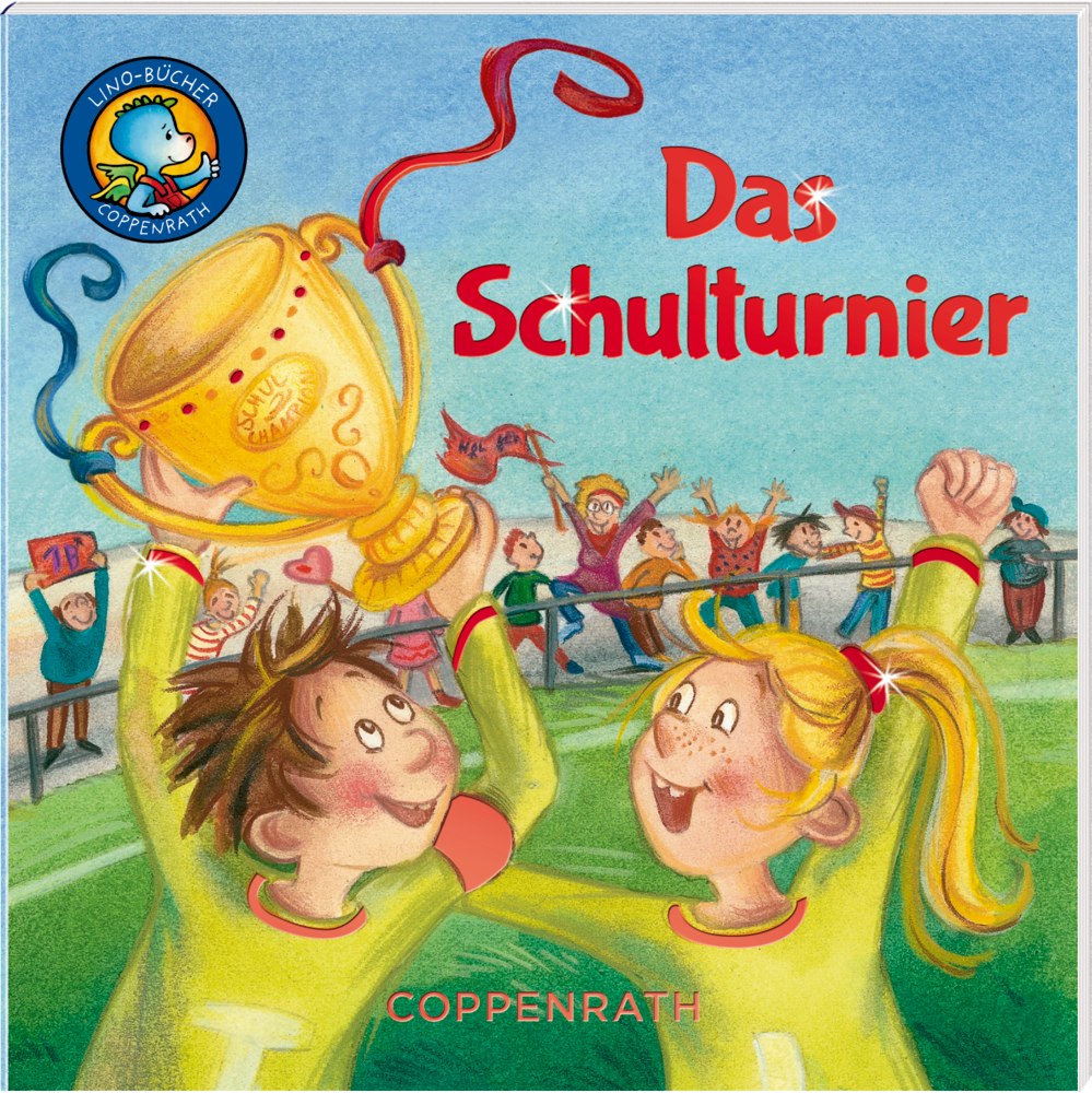 Buchcover mit zwei aufgeregten Kindern, die unter dem Jubel der Menge einen Pokal hochhalten.